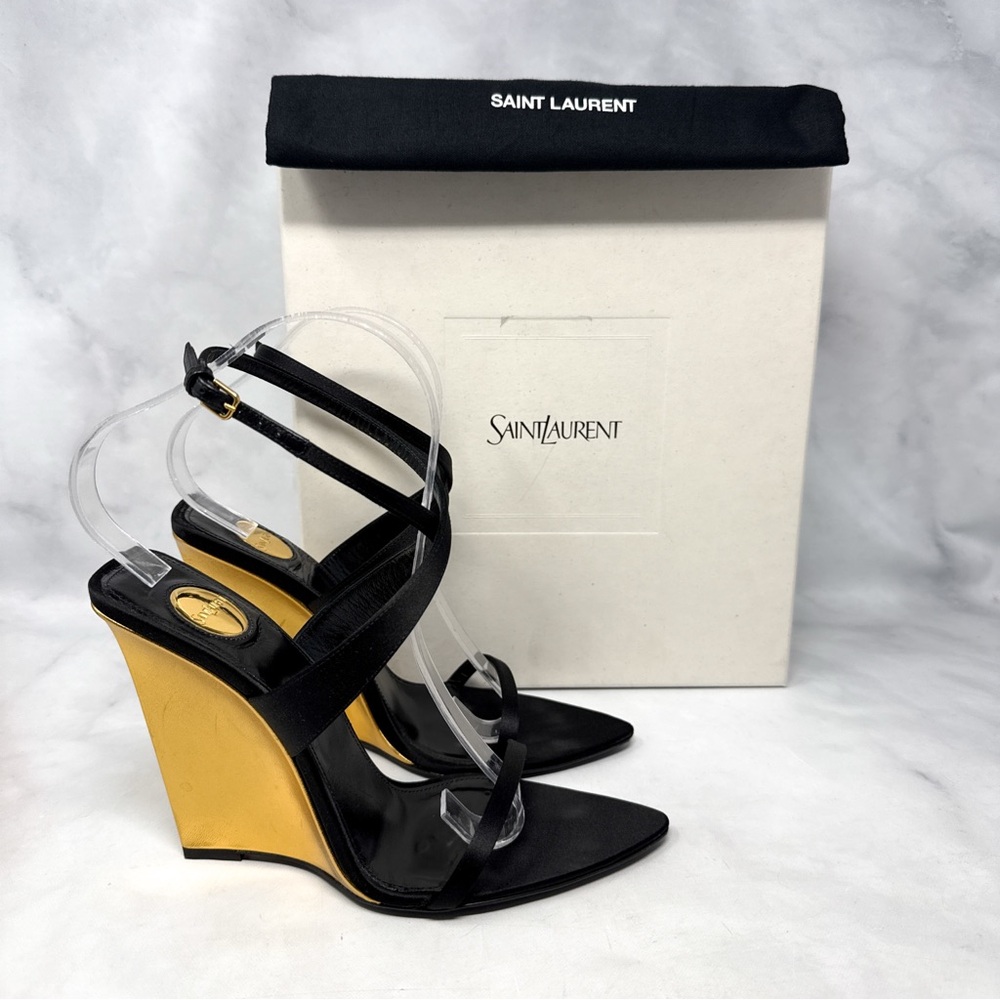 Saint Laurent Salome 110 Silk Satin Metallic Leather Wedge Sandal Heels Black - Picture 3 of 16